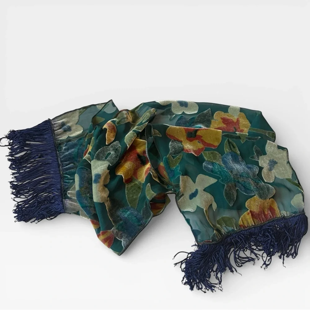 Vintage Multicolor Sheer Floral Velvet Burnout Scarf Fringe Boho Romantic